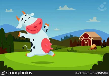 Cow at farm. Field ranch milk animals eating and playing on the grass alpes landscape vector cartoon character background. Illustration of cow on green field. Cow at farm. Field ranch milk animals eating and playing on the grass alpes landscape vector cartoon character background