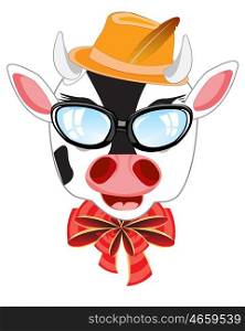 Cow bespectacled and hat. Head of the cow bespectacled and hat on white background