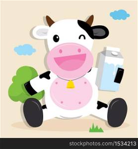 Cow Cartoon Character with Milk Package Product Icon Vector