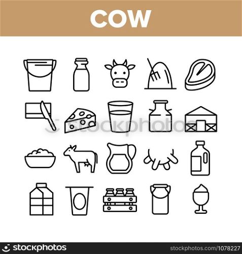 Cow Farming Animal Collection Icons Set Vector Thin Line. Cow Meat Steak And Head, Milk Cup And Bottle, Cheese And Butter With Knife Concept Linear Pictograms. Monochrome Contour Illustrations. Cow Farming Animal Collection Icons Set Vector