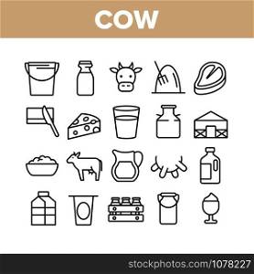 Cow Farming Animal Collection Icons Set Vector Thin Line. Cow Meat Steak And Head, Milk Cup And Bottle, Cheese And Butter With Knife Concept Linear Pictograms. Monochrome Contour Illustrations. Cow Farming Animal Collection Icons Set Vector