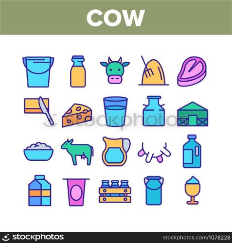 Cow Farming Animal Collection Icons Set Vector Thin Line. Cow Meat Steak And Head, Milk Cup And Bottle, Cheese And Butter With Knife Concept Linear Pictograms. Color Contour Illustrations. Cow Farming Animal Collection Icons Set Vector