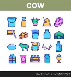 Cow Farming Animal Collection Icons Set Vector Thin Line. Cow Meat Steak And Head, Milk Cup And Bottle, Cheese And Butter With Knife Concept Linear Pictograms. Color Contour Illustrations. Cow Farming Animal Collection Icons Set Vector