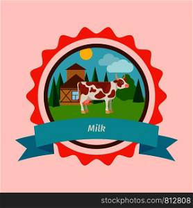 Cow flat icon in circle shape. Vector milk label design with farm landscape. Cow flat milk label design