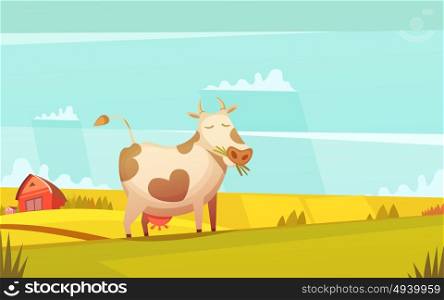 Cow Grazing On Farmland Cartoon Poster. Cow and calf ranch farmland funny cartoon poster with farm house on background and grazing cattle vector illustration