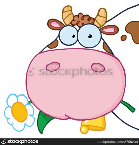 Cow Head Cartoon Character Carrying A Flower In Its Mouth
