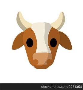 Cow. Head of horned animal. Icon of Cattle and farm. Funny bull. Village element. Countryside logo. Cartoon flat illustration. Cow. Head of horned animal.