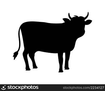 Cow icon. Cattle silhouette. Angus beef. Logo of black calf or bull. Meat and milk from farm. Illustration for food emblem. Butcher symbol. Vector.