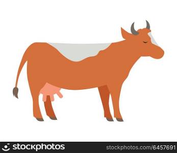 Cow illustration. Vector in flat style design. Domestic animal. Country inhabitants concept. Picture for farming, animal husbandry, milk production companies. Isolated on white background.. Cow Flat Design Vector Illustration on White.