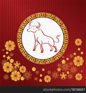 Cow in Chinese golden circle frame on a red background for the New Year, 2021 Year of the ox. Chinese frame The classic pattern. for greetings card, invitation, posters, brochure, banners, calendar.