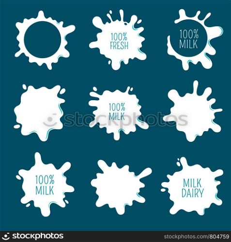 Cow milk blots, splashes and drops. Farm fresh dairy product vector labels and logos isolated. Illustration of yogurt splash, dairy drink stain. Cow milk blots, splashes and drops. Farm fresh dairy product vector labels and logos isolated