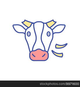 Cow RGB color icon. Domesticated animal. Farm cattle, ranch livestock. Herbivore, mammal animal. Dairy industry. Cheese production. Face of bison. Head of bull. Isolated vector illustration. Cow RGB color icon