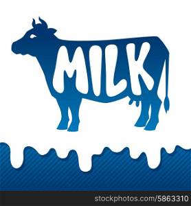 Cow silhouette emblem design on drips of milk background. Cow silhouette emblem design on drips of milk background.
