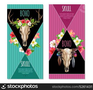 Cow Skull Banners Set. Realistic set of two vertical colorful banners with cow skulls decorated with flowers and feathers in boho style isolated on white background vector illustration