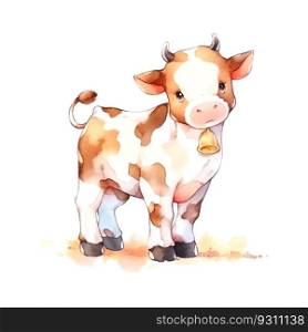 Cow watercolor tender warm colors, appeasement, pasture, white, brown, full height, nature, farm, agriculture, village, farmer, care, milk. Animals concept. Vector illustration.