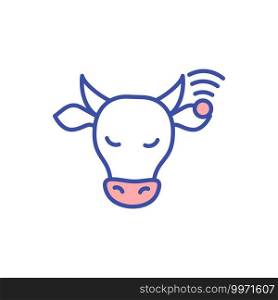 Cow with animal monitoring chip RGB color icon. Identification from radio frequency. Cattle control. Livestock check. Farming industry. Agricultural technology. Isolated vector illustration. Cow with animal monitoring chip RGB color icon