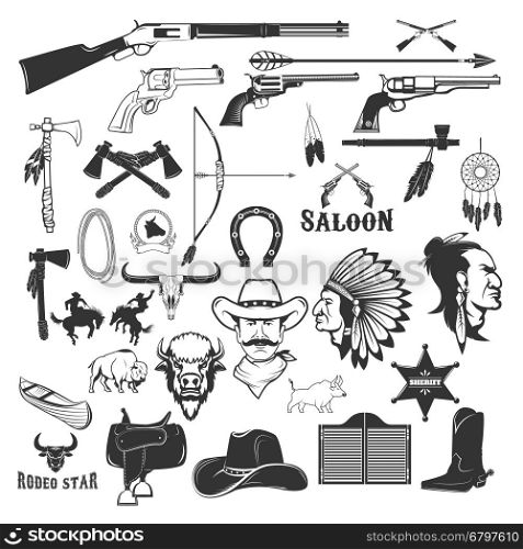 Cowboy and native american indians design elements. Vector illustration.
