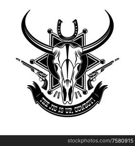 Cowboy animal skull emblem logo typography with the jig is up cowboy headline vector illustration