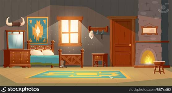 Cowboy bedroom interior with wooden bed, nightstand, fireplace and hat on hanger. Vector cartoon illustration of room in rustic house in wild west, western ranch with bull horns, carpet and mirror. Cowboy bedroom interior in rustic house
