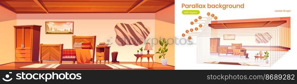 Cowboy bedroom with bed, wardrobe, hat on nightstand and boots. Vector parallax background for 2d animation with cartoon interior of empty room in rural house with wooden furniture. Parallax background with cowboy bedroom interior