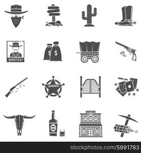 Cowboy black icons set with boots money bag playing cards isolated vector illustration. Cowboy Icons Set