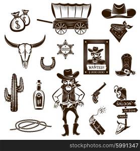 Cowboy Black White Icons Set . Cowboy black white icons set with Wild West symbols flat isolated vector illustration