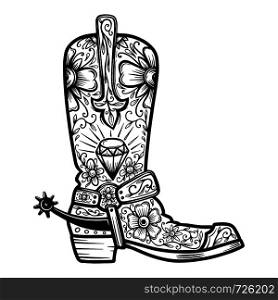 Cowboy boot with floral pattern. Design element for poster, t shirt, emblem, sign.