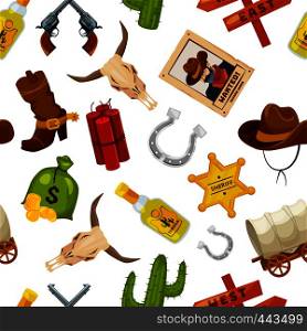 Cowboy, boots, guns and other wild west objects in cartoon style. Vector seamless pattern wild west concept with gun and cactus, star and horseshoe illustration. Cowboy, boots, guns and other wild west objects in cartoon style. Vector seamless pattern