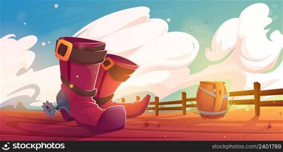 Cowboy boots with spur on american ranch. Vector cartoon illustration of wild west landscape, western desert with wooden fence and someone hiding in wood barrel. Cowboy boots with spur on american ranch