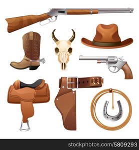 Cowboy elements set with saddle hat horseshoe skull isolated vector illustration. Cowboy Elements Set