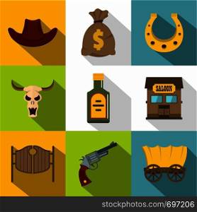 Cowboy equipment icons set. Flat set of 9 cowboy equipment vector icons for web with long shadow. Cowboy equipment icons set, flat style