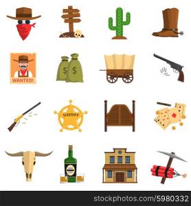 Cowboy flat icons set with cactus wanted sign sheriff badge isolated vector illustration. Cowboy Icons Set