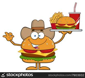 Cowboy Hamburger Cartoon Character Holding A Platter With Burger