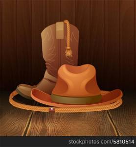 Cowboy hat boots and lasso on wooden background poster vector illustration. Cowboy symbol poster