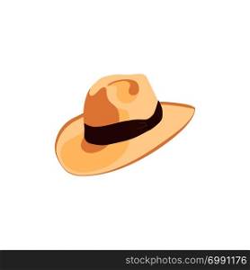 Cowboy hat icon with ribbon or band. Simple cartoon cap vector illustration. floppy or broad-brimmed hat, Panama hat, cartwheel hat. For decoration, dress store.. Cowboy hat icon with ribbon or hat band. Simple cartoon hat illustration. floppy hat. broad-brimmed hat,