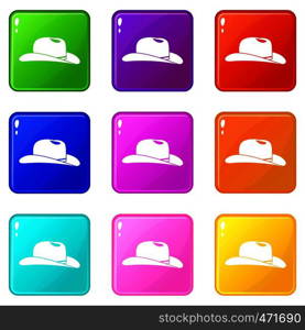Cowboy hat icons of 9 color set isolated vector illustration. Cowboy hat icons 9 set