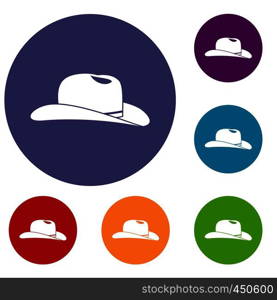 Cowboy hat icons set in flat circle reb, blue and green color for web. Cowboy hat icons set