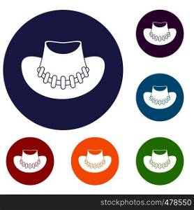 Cowboy hat icons set in flat circle red, blue and green color for web. Cowboy hat icons set