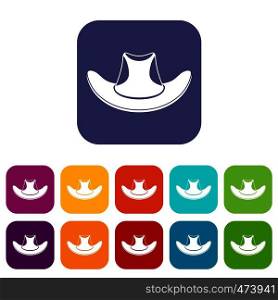 Cowboy hat icons set vector illustration in flat style In colors red, blue, green and other. Cowboy hat icons set flat