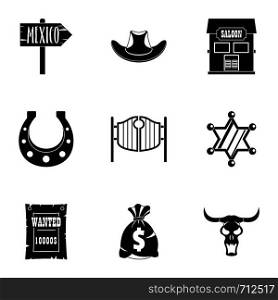 Cowboy icon set. Simple set of 9 cowboy vector icons for web isolated on white background. Cowboy icon set, simple style