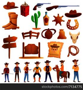 Cowboy icons set. Cartoon set of cowboy vector icons for web design. Cowboy icons set, cartoon style