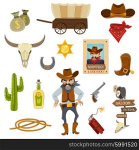 Cowboy Icons Set . Cowboy icons set with dynamite skull and horseshoe cartoon isolated vector illustration