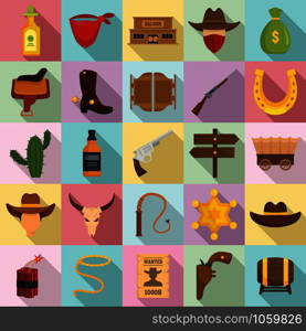 Cowboy icons set. Flat set of cowboy vector icons for web design. Cowboy icons set, flat style