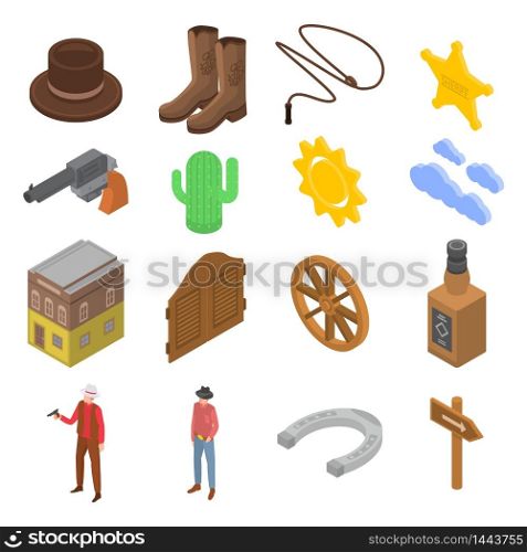 Cowboy icons set. Isometric set of cowboy vector icons for web design isolated on white background. Cowboy icons set, isometric style
