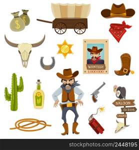 Cowboy icons set with dynamite skull and horseshoe cartoon isolated vector illustration . Cowboy Icons Set