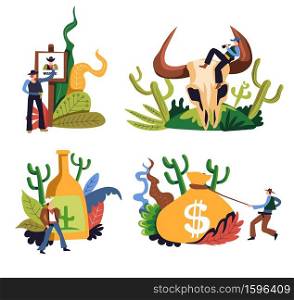 Cowboy isolated icons, western criminal or ranger, rodeo and wild west sheriff in hat vector. Men with gun and lasso rope, bull skull and alcohol drink. Wanted sign and money sack, Texas characters. Wild West cowboys, sheriff or criminal with gun and lasso, isolated icons