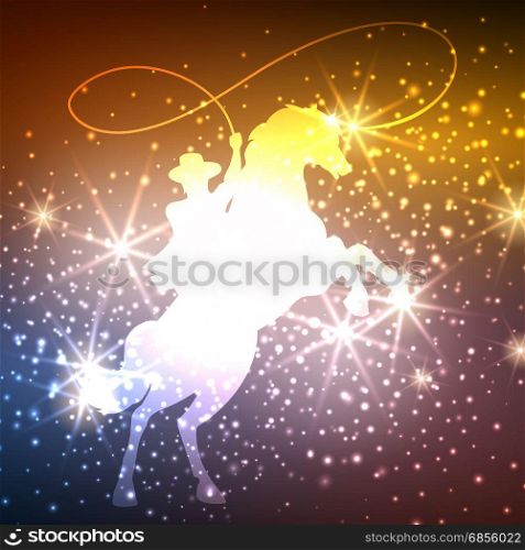 Cowboy on horse with lights background. Colorful background with cowboy on horse and light splashes, vector illustration