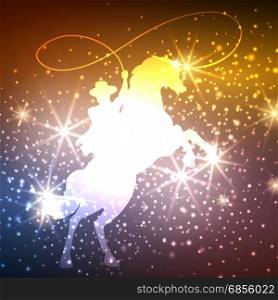 Cowboy on horse with lights background. Colorful background with cowboy on horse and light splashes, vector illustration
