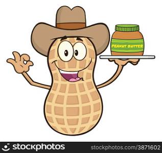 Cowboy Peanut Cartoon Character Holding A Jar Of Peanut Butter