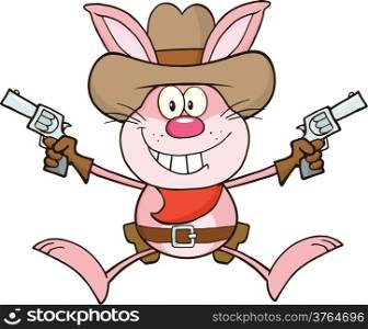 Cowboy Pink Rabbit Cartoon Character Holding Up Two Revolvers